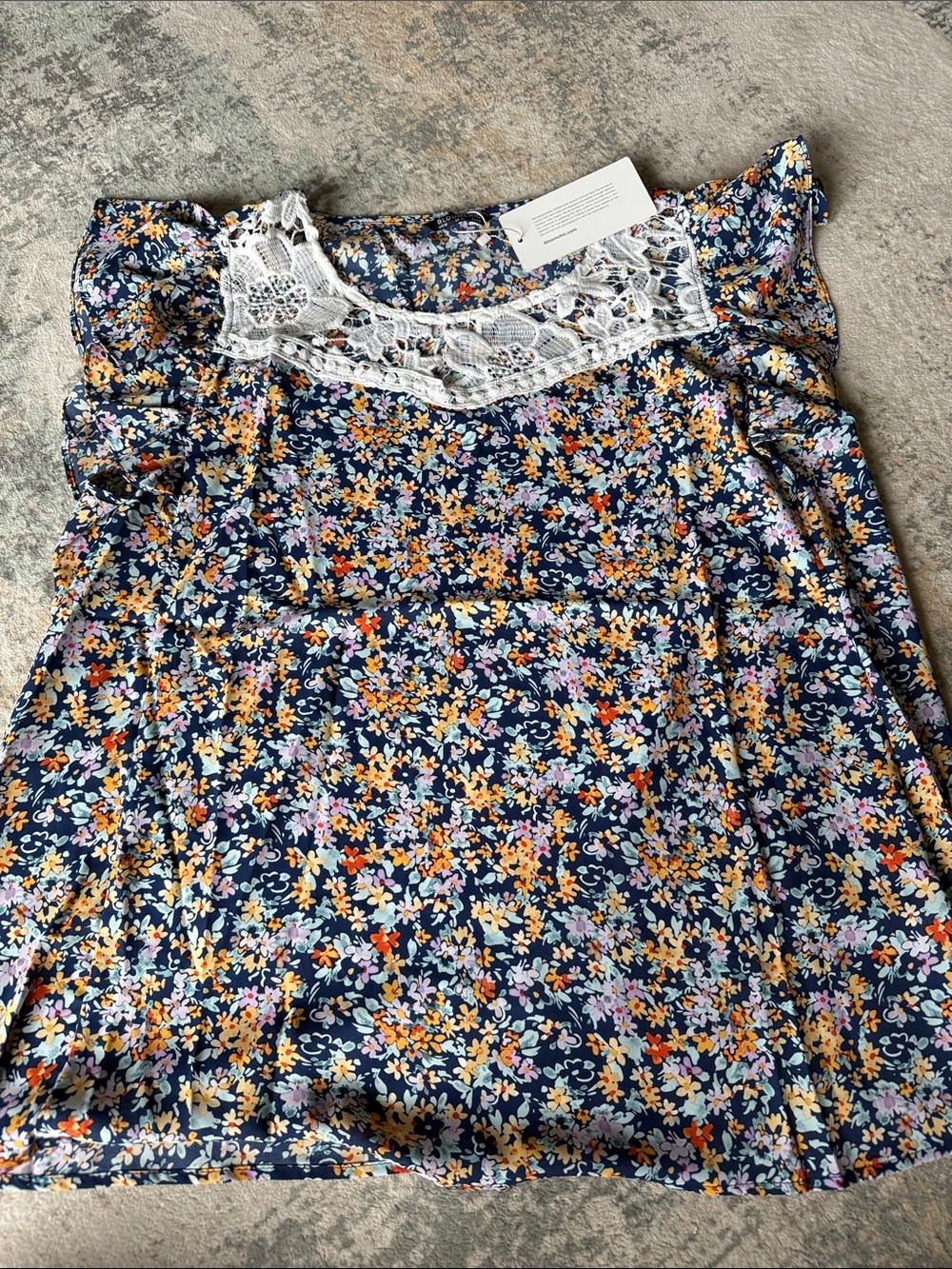 BloomChic Navy Floral Blouse with White Lace, Ruffle Flutter Sleeves, Size 12